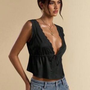 Shein satin Black Lace-Trim Deep V Camisole with Tie Front